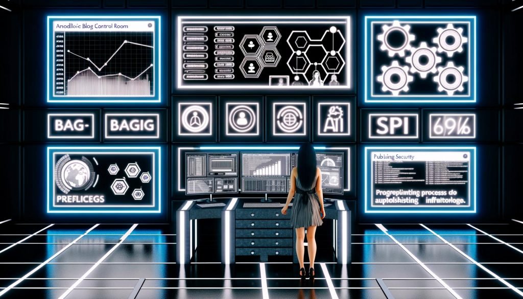 Futuristischer Kontrollraum mit mehreren Analysebildschirmen, Editor, modernen UI-Panels und leuchtenden API- sowie Sicherheits-Icons, gestaltet als digitale Illustration.