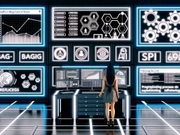 Futuristischer Kontrollraum mit mehreren Analysebildschirmen, Editor, modernen UI-Panels und leuchtenden API- sowie Sicherheits-Icons, gestaltet als digitale Illustration.