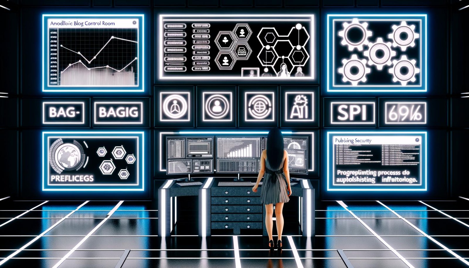 Futuristischer Kontrollraum mit mehreren Analysebildschirmen, Editor, modernen UI-Panels und leuchtenden API- sowie Sicherheits-Icons, gestaltet als digitale Illustration.