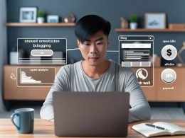 Junge Bloggerin im modernen Home-Office am Laptop mit Blog-Dashboard, Analytics-Statistiken und Monetarisierungsmodellen auf dem Bildschirm, Kaffetasse und Technik im Hintergrund.