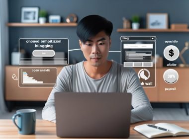 Junge Bloggerin im modernen Home-Office am Laptop mit Blog-Dashboard, Analytics-Statistiken und Monetarisierungsmodellen auf dem Bildschirm, Kaffetasse und Technik im Hintergrund.