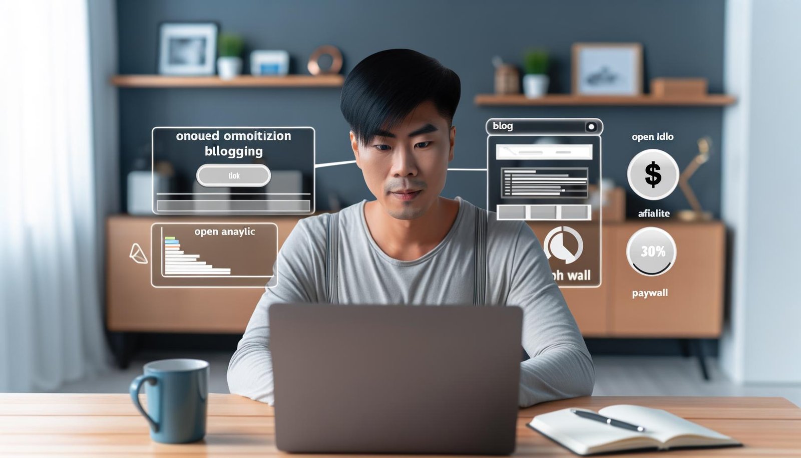 Junge Bloggerin im modernen Home-Office am Laptop mit Blog-Dashboard, Analytics-Statistiken und Monetarisierungsmodellen auf dem Bildschirm, Kaffetasse und Technik im Hintergrund.