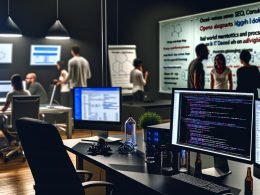 IT-Profis arbeiten in einem modernen, sachlich ausgeleuchteten Büro an Monitore mit SEO-Tools und Code, während im Hintergrund Fachleute diskutieren und Messdaten analysieren.