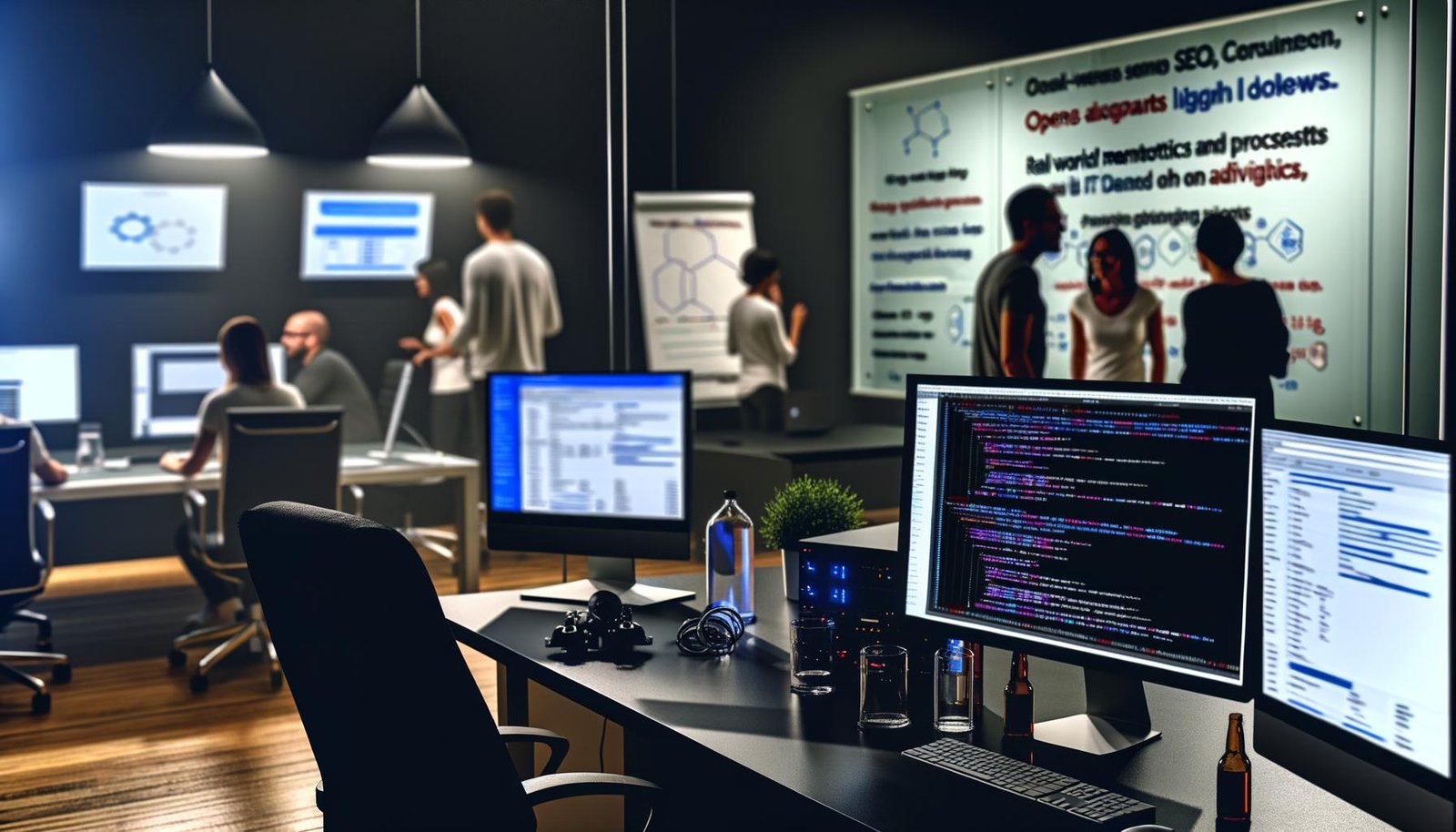 IT-Profis arbeiten in einem modernen, sachlich ausgeleuchteten Büro an Monitore mit SEO-Tools und Code, während im Hintergrund Fachleute diskutieren und Messdaten analysieren.
