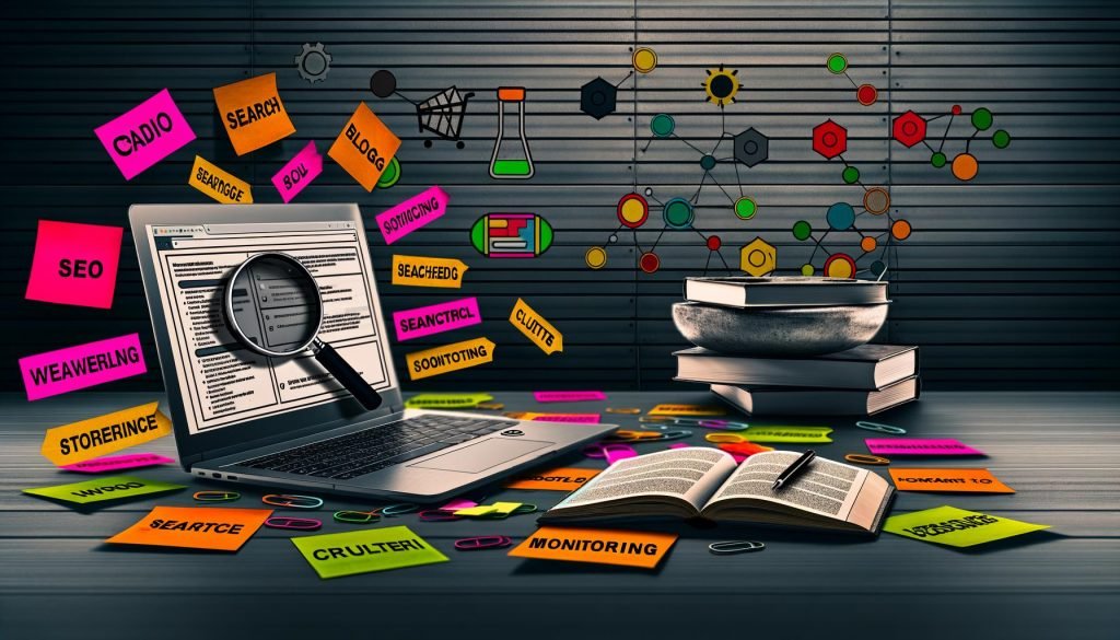 Modernes Homeoffice-Setting mit Laptop, offenem Blog-Editor, Checklisten, SEO-Tools, bunten Diagrammen sowie Notizzetteln mit Schlagwörtern, im Hintergrund Suchmaschinen-Symbole und Bücherstapel.
