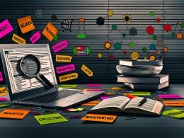 Modernes Homeoffice-Setting mit Laptop, offenem Blog-Editor, Checklisten, SEO-Tools, bunten Diagrammen sowie Notizzetteln mit Schlagwörtern, im Hintergrund Suchmaschinen-Symbole und Bücherstapel.