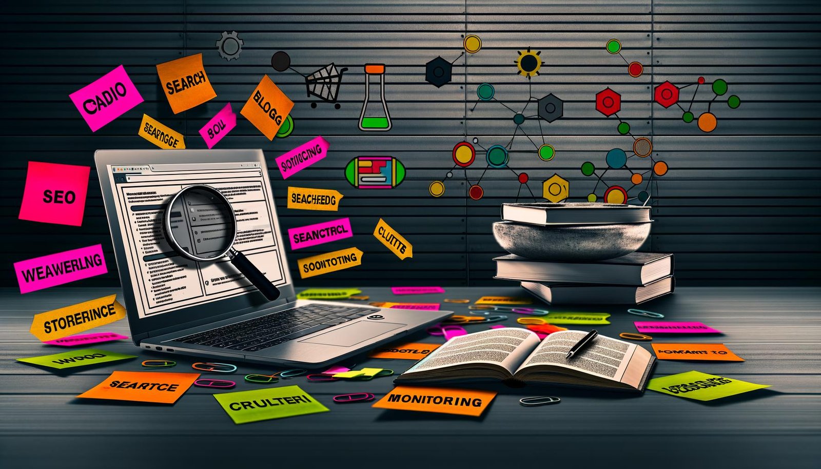 Modernes Homeoffice-Setting mit Laptop, offenem Blog-Editor, Checklisten, SEO-Tools, bunten Diagrammen sowie Notizzetteln mit Schlagwörtern, im Hintergrund Suchmaschinen-Symbole und Bücherstapel.