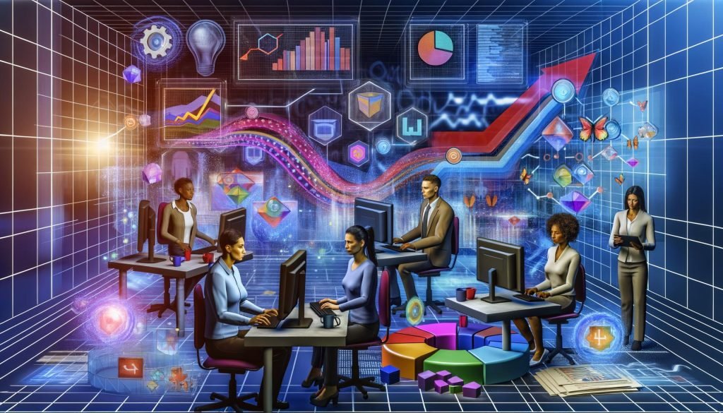 Dynamisches, futuristisches Büro mit einem diversen Team, das konzentriert über digitalen Dashboards voller Diagramme, Funnels und KPIs arbeitet.