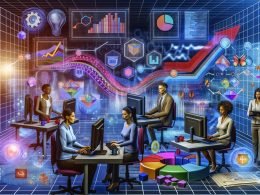 Dynamisches, futuristisches Büro mit einem diversen Team, das konzentriert über digitalen Dashboards voller Diagramme, Funnels und KPIs arbeitet.