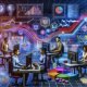 Dynamisches, futuristisches Büro mit einem diversen Team, das konzentriert über digitalen Dashboards voller Diagramme, Funnels und KPIs arbeitet.