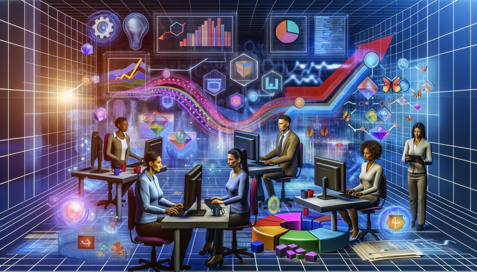 Dynamisches, futuristisches Büro mit einem diversen Team, das konzentriert über digitalen Dashboards voller Diagramme, Funnels und KPIs arbeitet.