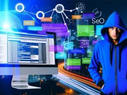 Stylischer Joomla-Anwender vor Computer mit Joomla-Backend und SEO-Diagrammen, urbaner Hintergrund mit digitalen SEO-Icons.