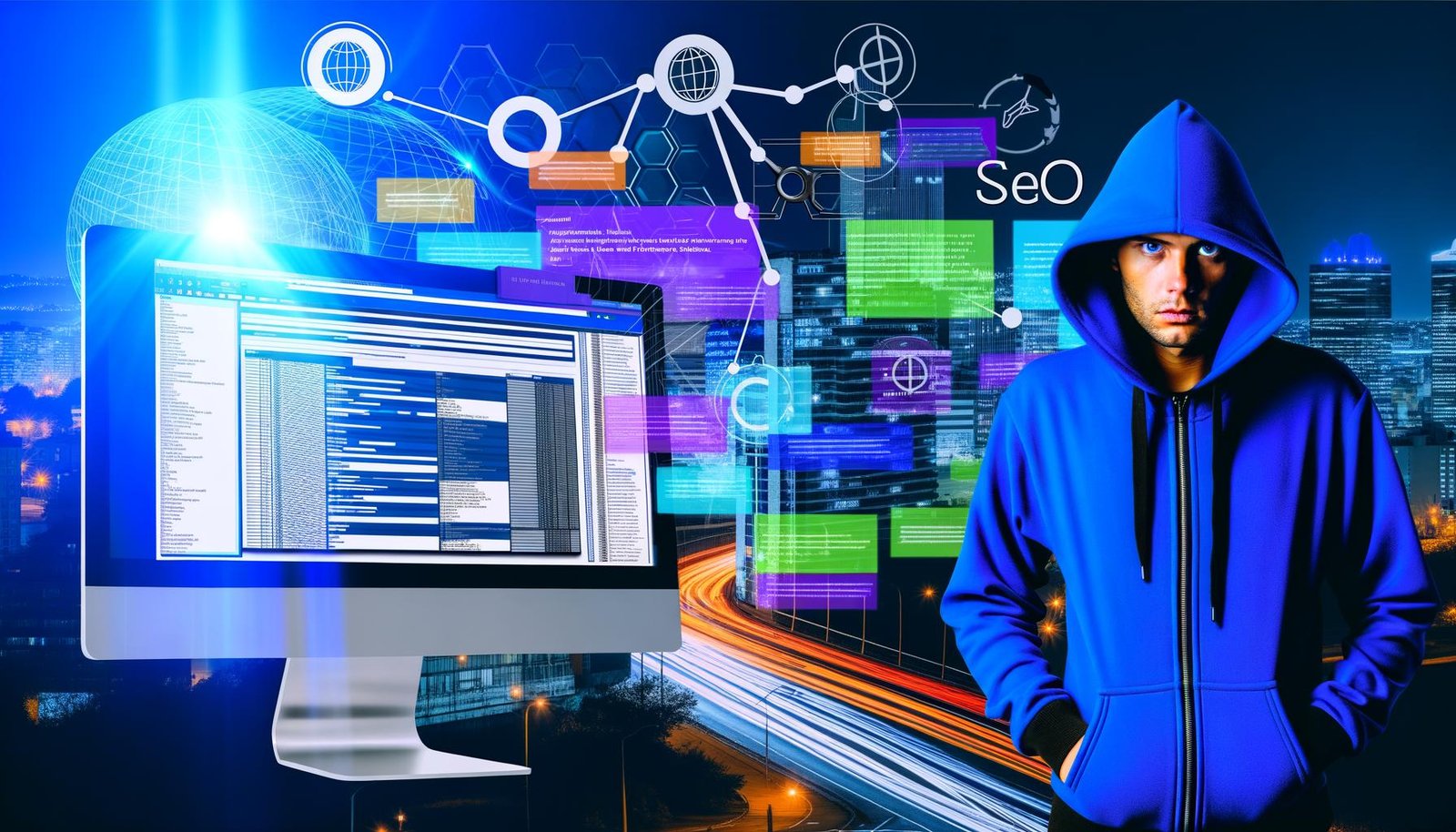 Stylischer Joomla-Anwender vor Computer mit Joomla-Backend und SEO-Diagrammen, urbaner Hintergrund mit digitalen SEO-Icons.