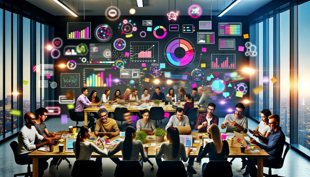 Team aus Designern, Marketern und Entwicklern arbeitet gemeinsam an einem interaktiven Analytics-Dashboard in einem modernen Büro, umgeben von schwebenden Diagrammen, Moodboards und Kaffeebechern.