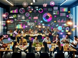 Team aus Designern, Marketern und Entwicklern arbeitet gemeinsam an einem interaktiven Analytics-Dashboard in einem modernen Büro, umgeben von schwebenden Diagrammen, Moodboards und Kaffeebechern.
