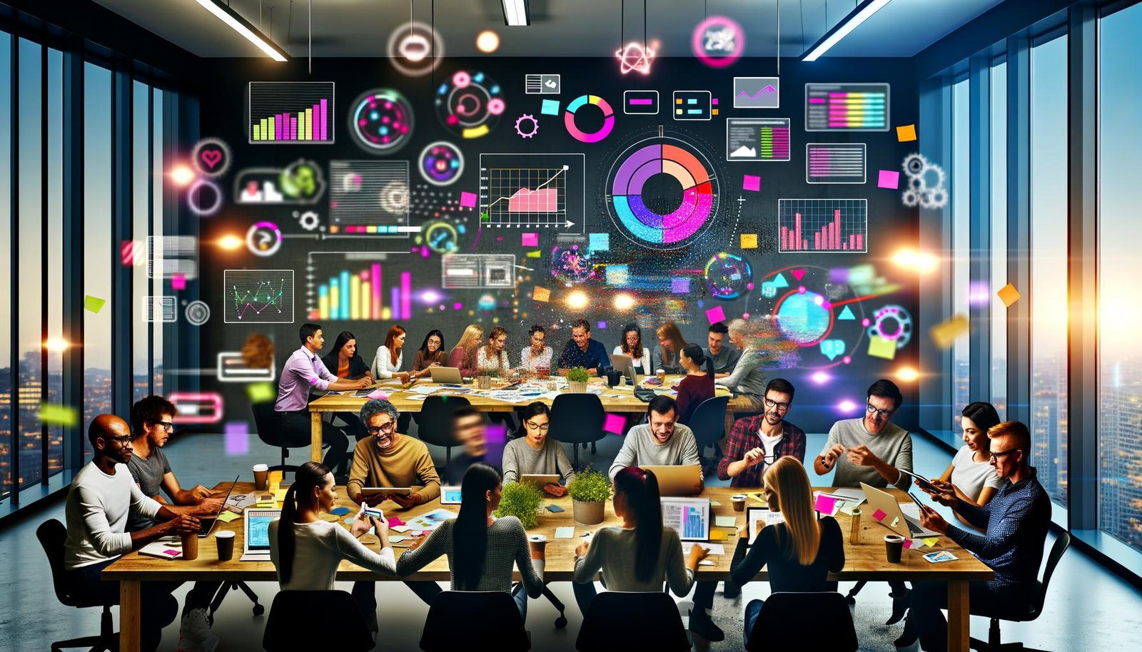 Team aus Designern, Marketern und Entwicklern arbeitet gemeinsam an einem interaktiven Analytics-Dashboard in einem modernen Büro, umgeben von schwebenden Diagrammen, Moodboards und Kaffeebechern.