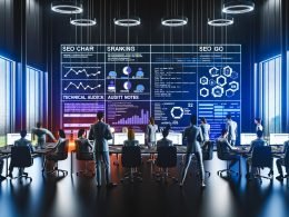 Team arbeitet konzentriert an digitalem Whiteboard mit SEO-Analysen, Ranking-Grafiken und technischen Notizen in einem modernen Büro voller Bildschirme.
