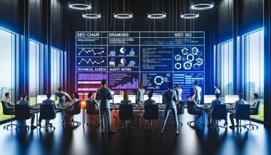 Team arbeitet konzentriert an digitalem Whiteboard mit SEO-Analysen, Ranking-Grafiken und technischen Notizen in einem modernen Büro voller Bildschirme.