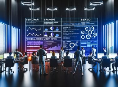 Team arbeitet konzentriert an digitalem Whiteboard mit SEO-Analysen, Ranking-Grafiken und technischen Notizen in einem modernen Büro voller Bildschirme.