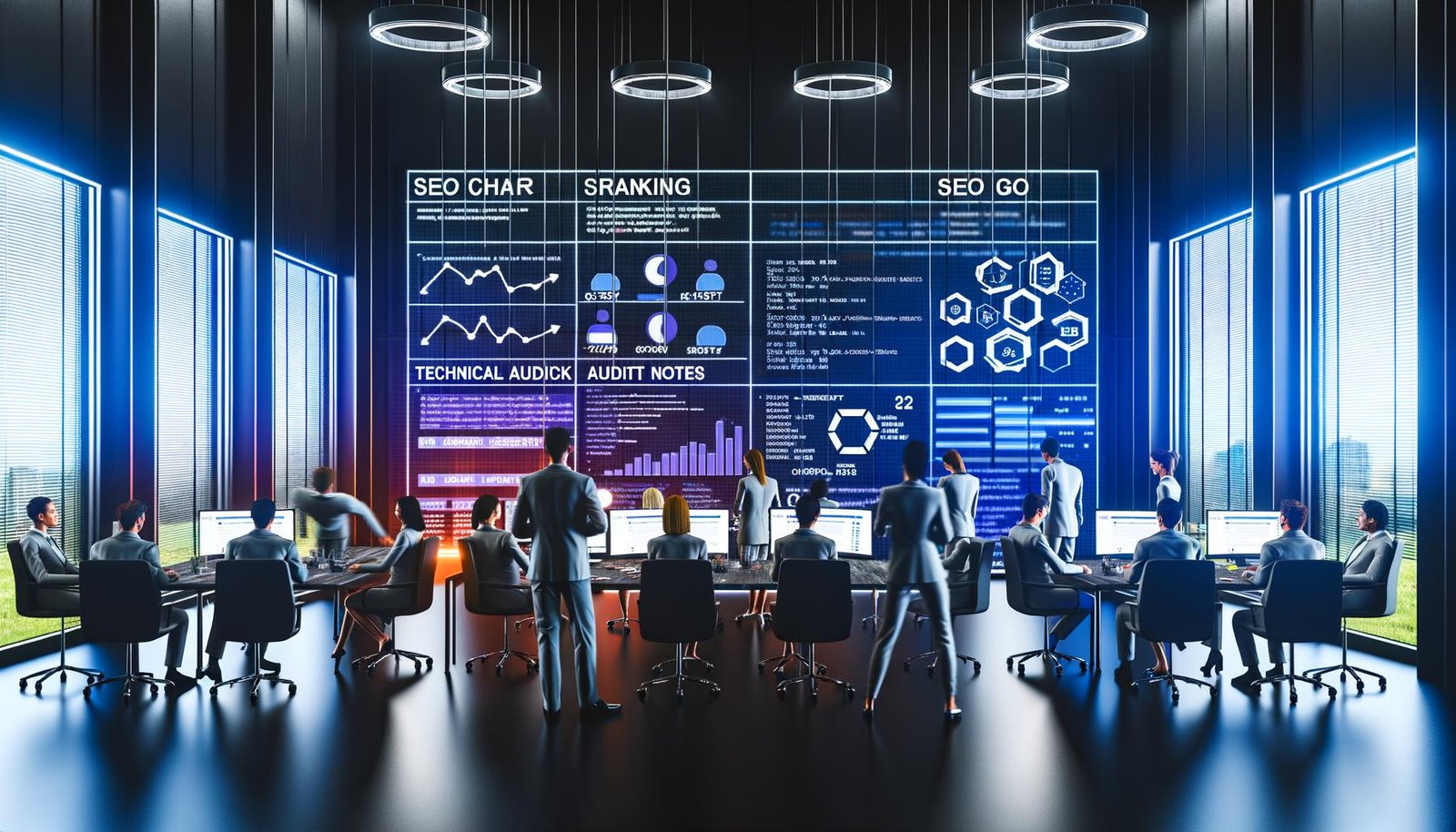 Team arbeitet konzentriert an digitalem Whiteboard mit SEO-Analysen, Ranking-Grafiken und technischen Notizen in einem modernen Büro voller Bildschirme.