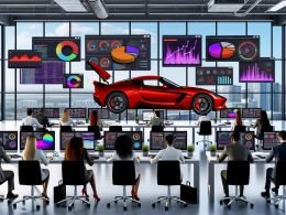 Modernes Marketingbüro mit diversen Experten an Computern, Visualisierung von Daten-Dashboards und Diagrammen, roter Ferrari mit offenem Motorraum und leerem Tank im Mittelpunkt – Sinnbild für das Potenzial von Daten im Marketing.