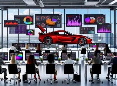 Modernes Marketingbüro mit diversen Experten an Computern, Visualisierung von Daten-Dashboards und Diagrammen, roter Ferrari mit offenem Motorraum und leerem Tank im Mittelpunkt – Sinnbild für das Potenzial von Daten im Marketing.