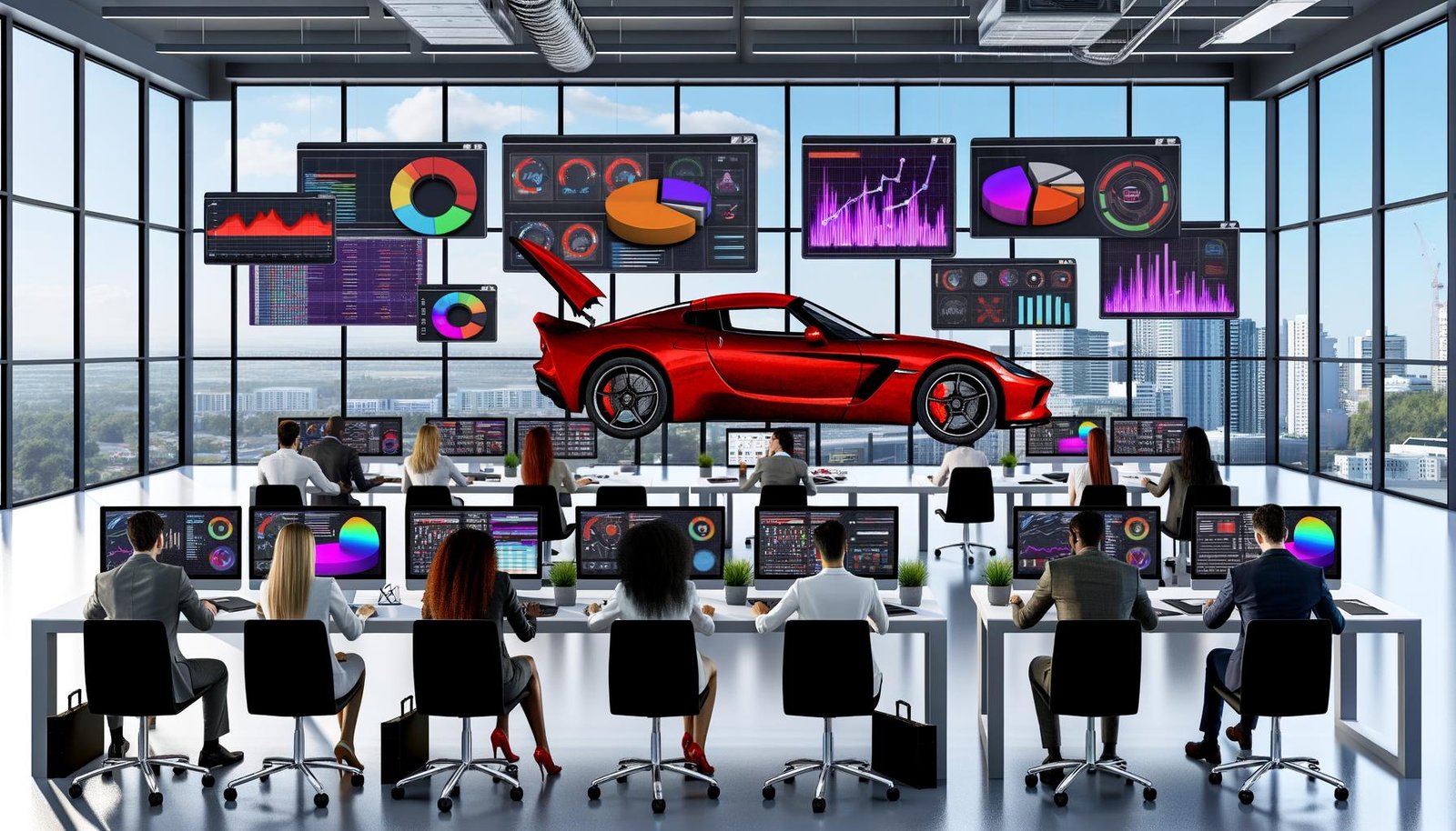 Modernes Marketingbüro mit diversen Experten an Computern, Visualisierung von Daten-Dashboards und Diagrammen, roter Ferrari mit offenem Motorraum und leerem Tank im Mittelpunkt – Sinnbild für das Potenzial von Daten im Marketing.
