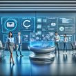 Futuristisches Marketingbüro mit Team an interaktivem Screen und KI-Plattform, analoge Geräte wie Faxgerät im Hintergrund im Müll.