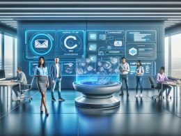 Futuristisches Marketingbüro mit Team an interaktivem Screen und KI-Plattform, analoge Geräte wie Faxgerät im Hintergrund im Müll.