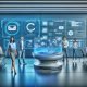 Futuristisches Marketingbüro mit Team an interaktivem Screen und KI-Plattform, analoge Geräte wie Faxgerät im Hintergrund im Müll.
