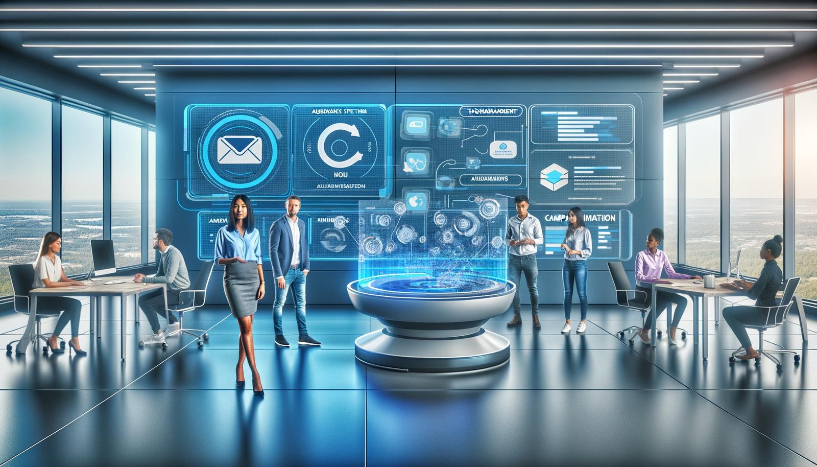Futuristisches Marketingbüro mit Team an interaktivem Screen und KI-Plattform, analoge Geräte wie Faxgerät im Hintergrund im Müll.
