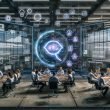 Futuristisches Büro, Team diskutiert eine KI-gesteuerte Conversational Ad mit Echtzeit-Interaktion. Im Hintergrund verblasste klassische Banner- und Pop-up-Werbung.