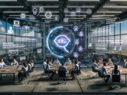 Futuristisches Büro, Team diskutiert eine KI-gesteuerte Conversational Ad mit Echtzeit-Interaktion. Im Hintergrund verblasste klassische Banner- und Pop-up-Werbung.