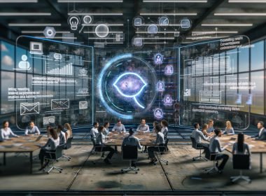 Futuristisches Büro, Team diskutiert eine KI-gesteuerte Conversational Ad mit Echtzeit-Interaktion. Im Hintergrund verblasste klassische Banner- und Pop-up-Werbung.
