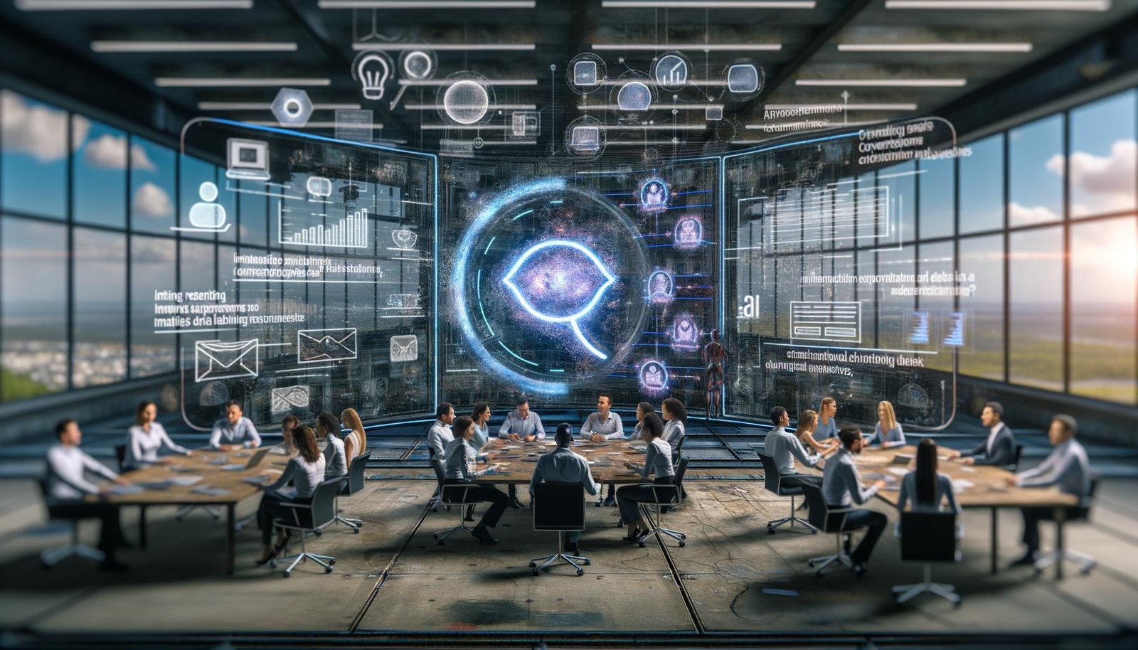 Futuristisches Büro, Team diskutiert eine KI-gesteuerte Conversational Ad mit Echtzeit-Interaktion. Im Hintergrund verblasste klassische Banner- und Pop-up-Werbung.