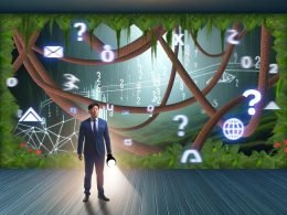 Geschäftsmann im Anzug mit Taschenlampe vor einem digitalen Labyrinth aus Social-Media-Icons, Werbebannern und Analysezahlen.
