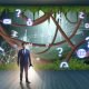Geschäftsmann im Anzug mit Taschenlampe vor einem digitalen Labyrinth aus Social-Media-Icons, Werbebannern und Analysezahlen.
