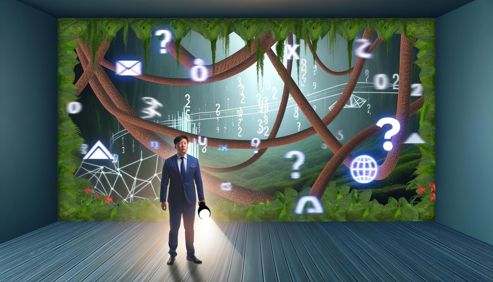 Geschäftsmann im Anzug mit Taschenlampe vor einem digitalen Labyrinth aus Social-Media-Icons, Werbebannern und Analysezahlen.