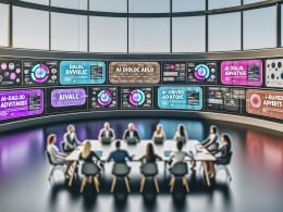 Modernes Digital-Marketing-War Room mit Teams, die KI-gesteuerte Dialoganzeigen und veraltete Banner auf riesigen Bildschirmen analysieren.