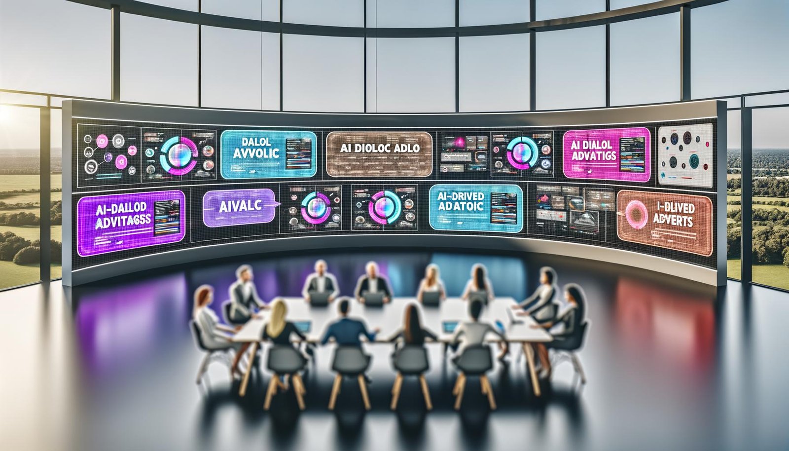 Modernes Digital-Marketing-War Room mit Teams, die KI-gesteuerte Dialoganzeigen und veraltete Banner auf riesigen Bildschirmen analysieren.