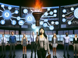 Gruppe von Marketern in hightech Kontrollraum, umgeben von digitalen Dashboards, Datenmodellen und verwirrenden Analytics-Symbolen, während ein Marketer mit einer Taschenlampe den Weg durch das Marketing-Chaos sucht.