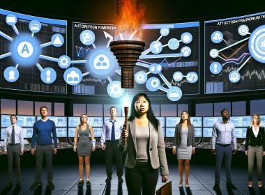 Gruppe von Marketern in hightech Kontrollraum, umgeben von digitalen Dashboards, Datenmodellen und verwirrenden Analytics-Symbolen, während ein Marketer mit einer Taschenlampe den Weg durch das Marketing-Chaos sucht.