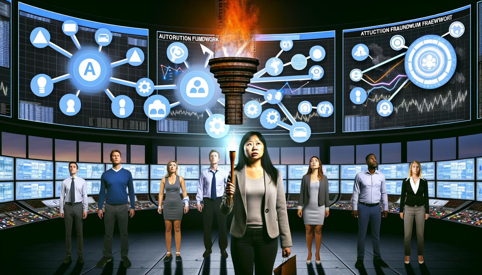 Gruppe von Marketern in hightech Kontrollraum, umgeben von digitalen Dashboards, Datenmodellen und verwirrenden Analytics-Symbolen, während ein Marketer mit einer Taschenlampe den Weg durch das Marketing-Chaos sucht.