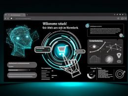 Moderne Website-Oberfläche im Dark Mode mit KI-Dialogbox über Warenkorb, visualisierten Datenflüssen und Interface-Elementen zur Personalisierung und Analyse.
