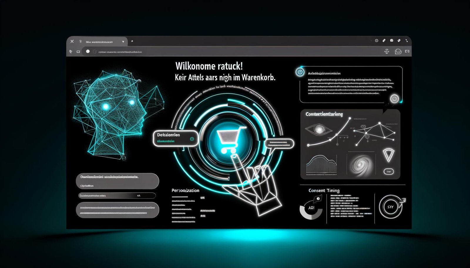 Moderne Website-Oberfläche im Dark Mode mit KI-Dialogbox über Warenkorb, visualisierten Datenflüssen und Interface-Elementen zur Personalisierung und Analyse.