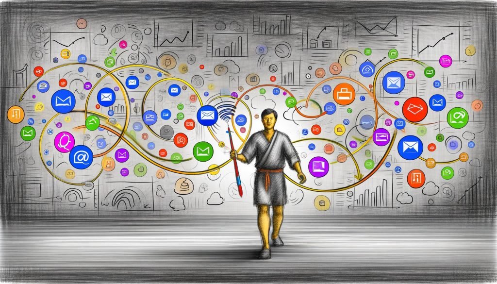 Illustration eines Marketers, der verschiedene digitale Touchpoints wie E-Mail, Anzeigen, Social Media, Suche und mobile Geräte entlang der Customer Journey jongliert, mit Analytik-Graphen und veralteten Tools im Hintergrund.