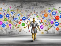 Illustration eines Marketers, der verschiedene digitale Touchpoints wie E-Mail, Anzeigen, Social Media, Suche und mobile Geräte entlang der Customer Journey jongliert, mit Analytik-Graphen und veralteten Tools im Hintergrund.
