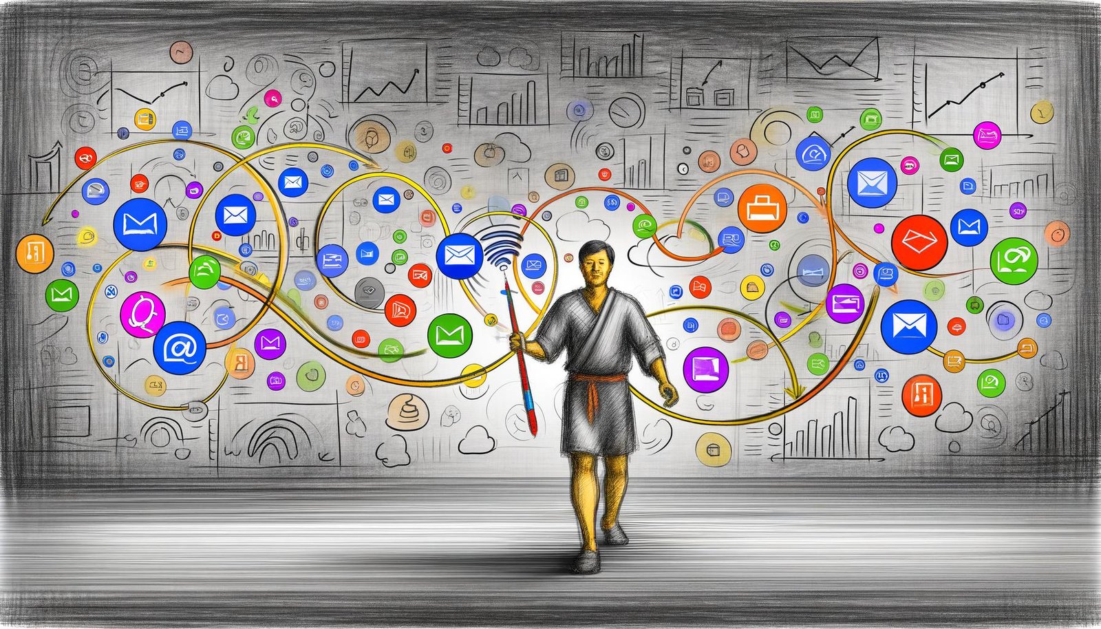 Illustration eines Marketers, der verschiedene digitale Touchpoints wie E-Mail, Anzeigen, Social Media, Suche und mobile Geräte entlang der Customer Journey jongliert, mit Analytik-Graphen und veralteten Tools im Hintergrund.
