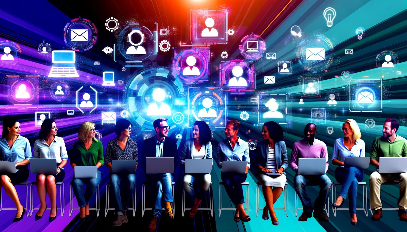 Vielfältige Gruppe von Digitalmarketer:innen und Blogger:innen netzwerken in einer modernen Umgebung mit digitalen Geräten und Marken-Icons.