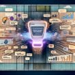 Futuristische Website-Oberfläche mit prominentem KI-Chat-Werbemodul, umgeben von beiseite geschobenen veralteten Bannern und Pop-ups, modernen UI-Elementen und steigenden Diagrammen.